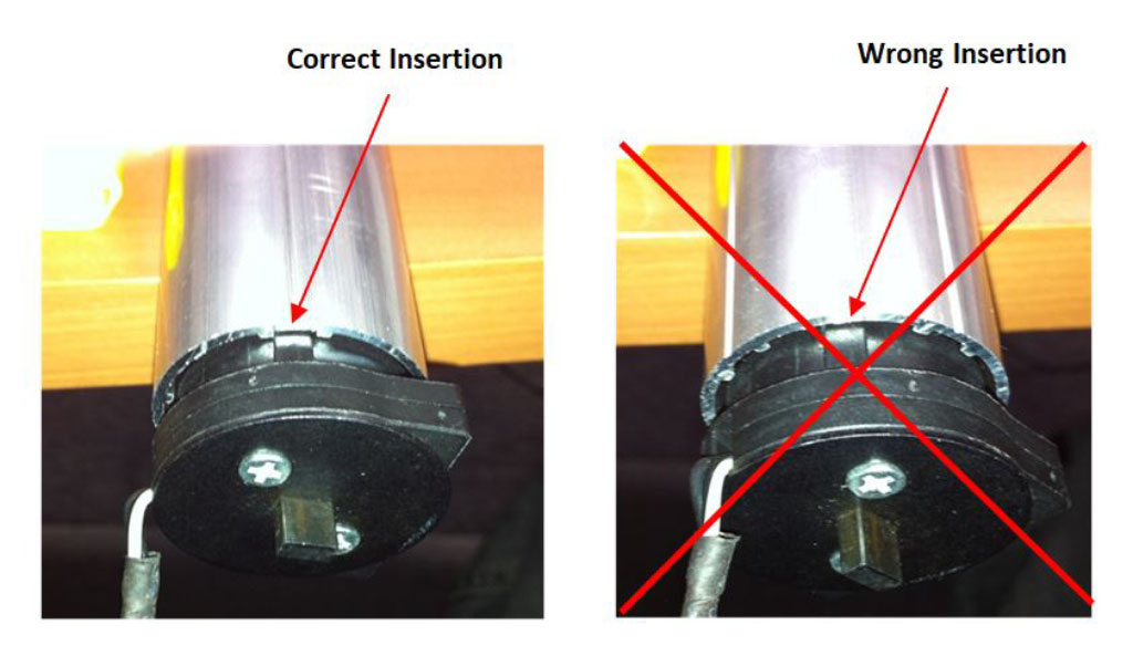 Correct and incorrect insertion of motor into the aluminum tube